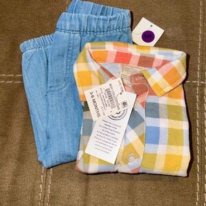 Baby Plaid Button Shirt & Light Blue Pants Set - Multicolor Plaid